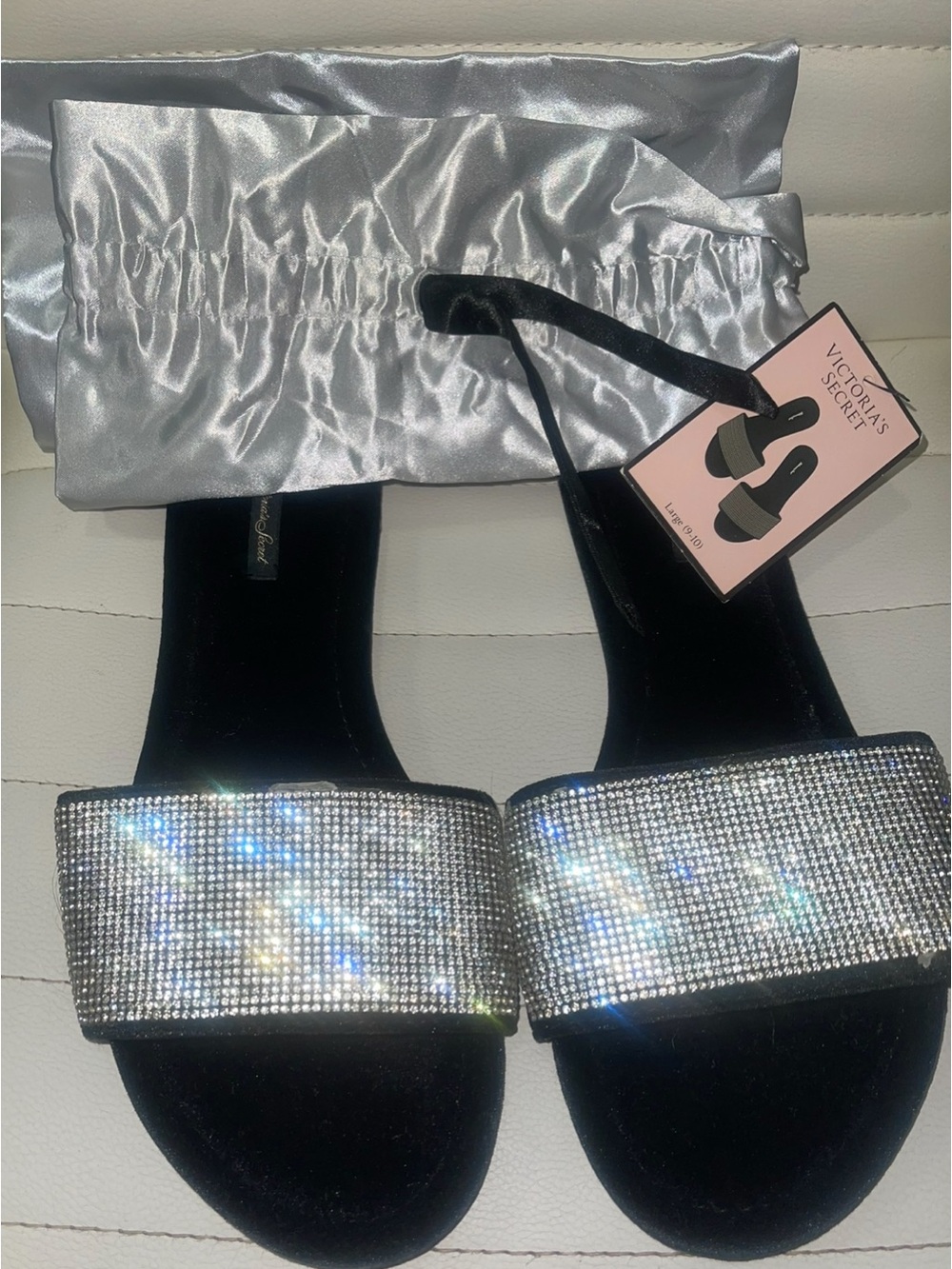 Victoria's Secret Silver Crystal Slide Sandals with Black Footbed